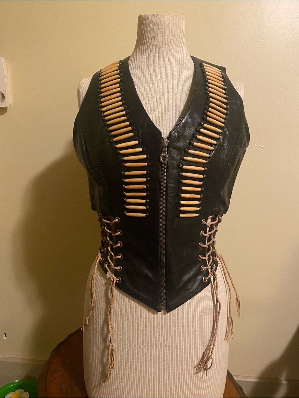 Black Biker Leather Lace-Up Vest with Bone Bead Detailing